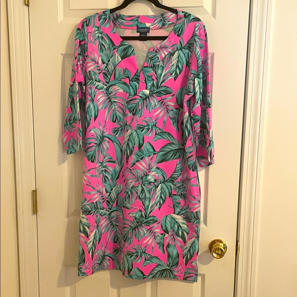 Caribbean Joe Island Supply Co cute pink w/palm pattern summer beach dress. SZ L